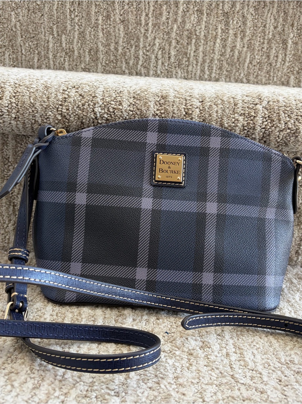 Dooney & Bourke Suki crossbody bag navy blue and lavender tartan plaid pattern